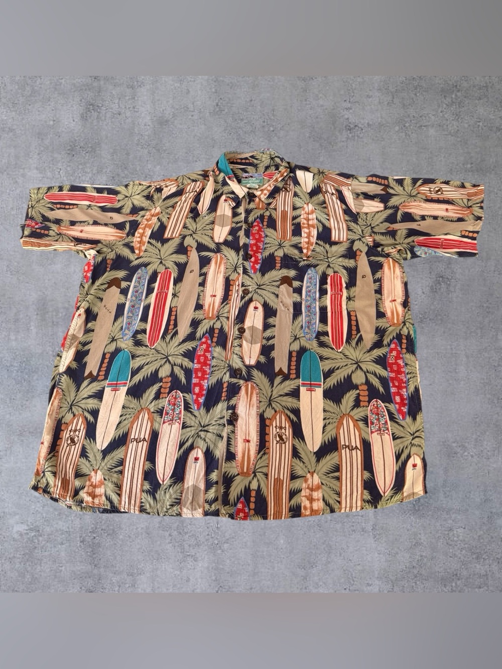 VTG Reyn Spooner Hawaiian Shirt Large 100% Rayon Surfboard Palm Tailored Hawaii